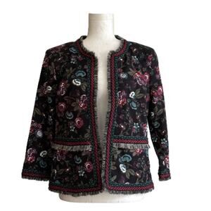 Loft Outlet Black Floral Fringe Embroidered 3/4 Sleeve Open Front Blazer Size 8